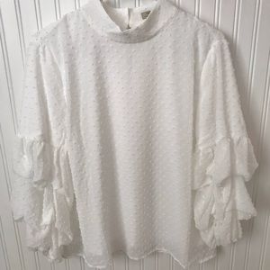 White Swiss Dot Blouse with Ruffled Sleeves